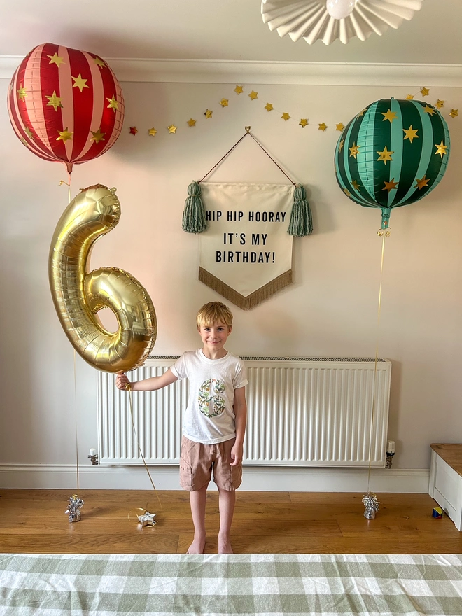 Little boy holding gold 6 balloon with striped red and green round star balloons with gold stars and Hip Hip Hooray fabric birthday banner