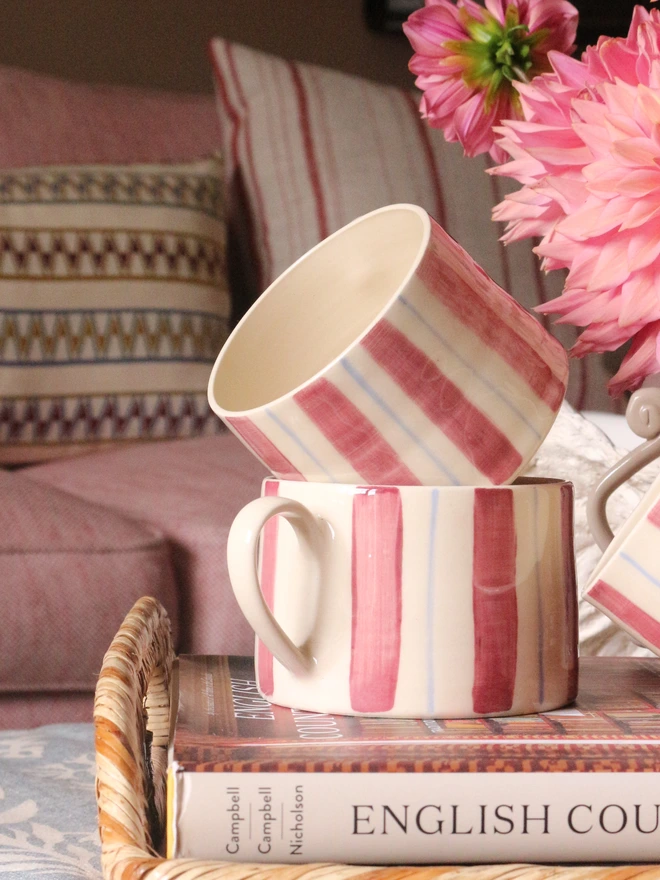 blue and burgundy stripe handmade ceramic mug
