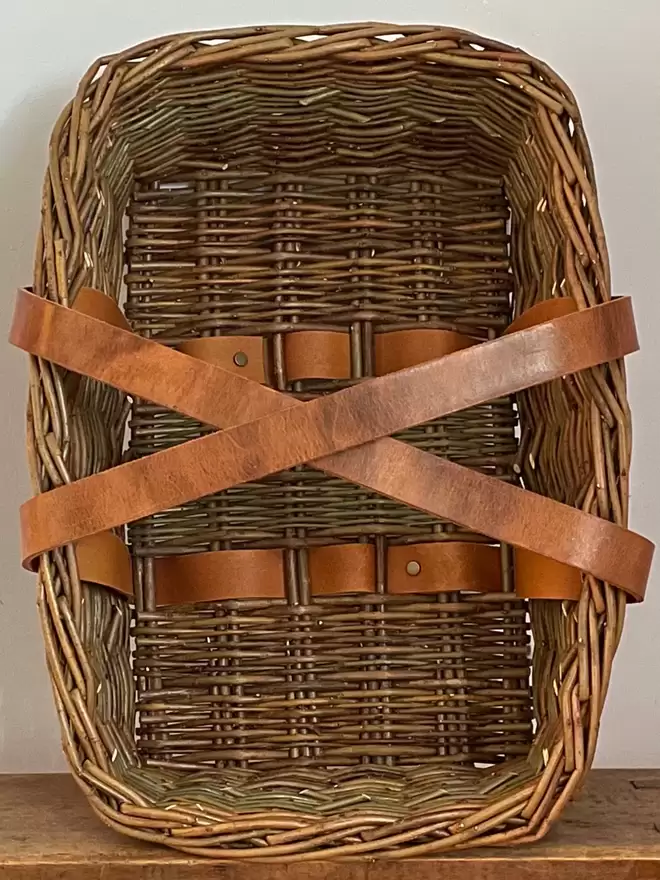 willow garden basket trug contemporary traditional foraging modern leather cross strap handle basketry brown handcrafted craft unique