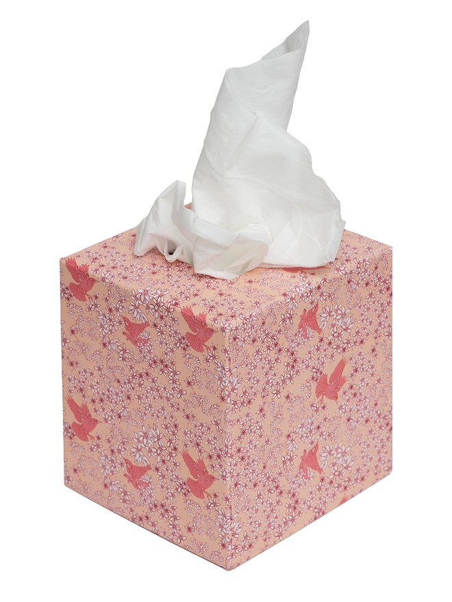 Corali Tissue Box Cover, a colourful and patterned tissue box sitting on a white surface against a plain backdrop. 