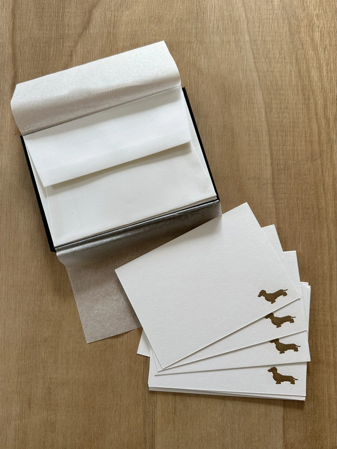 Dachshund notecards, gold Dachshund, plus box of envelopes