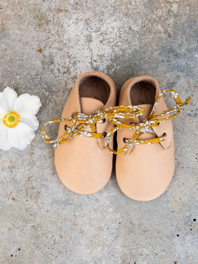 Natural Colour Leather Baby Shoes with Liberty Print Laces