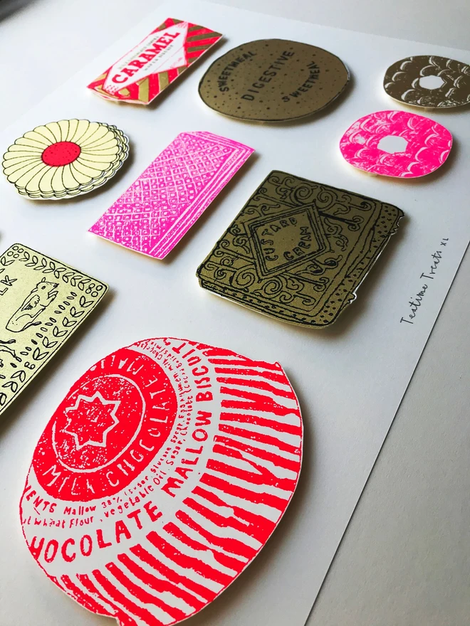 Teatime Treats XL A3 Screenprint Biscuit Collage, a collection of colourful biscuit designs on a white screenprint. 