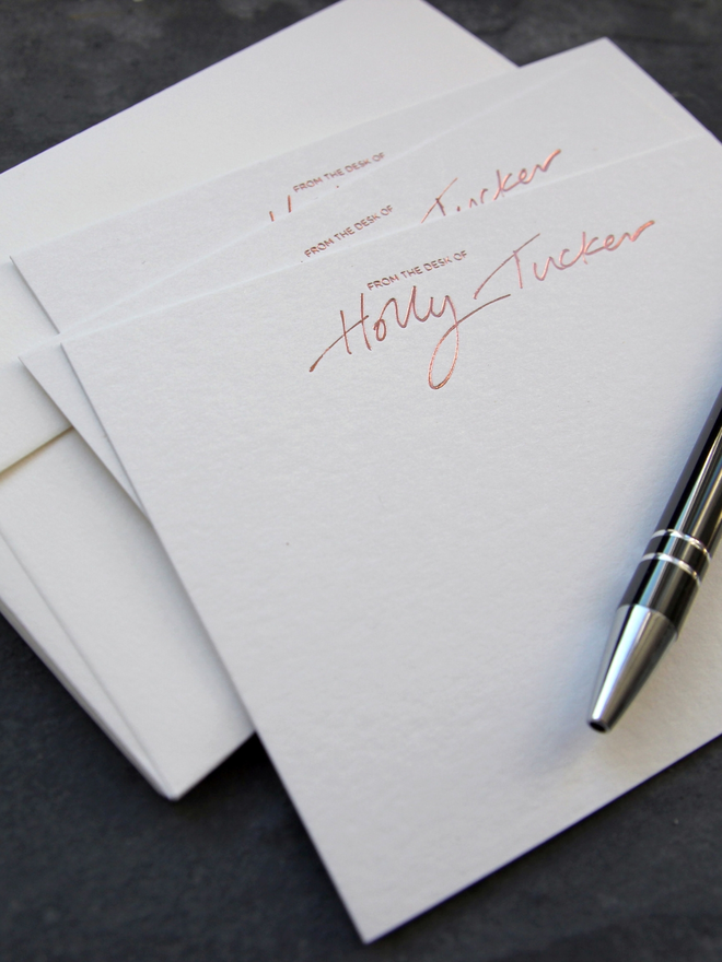 peronalised correspondance notecards hand foiled in rose gold foil