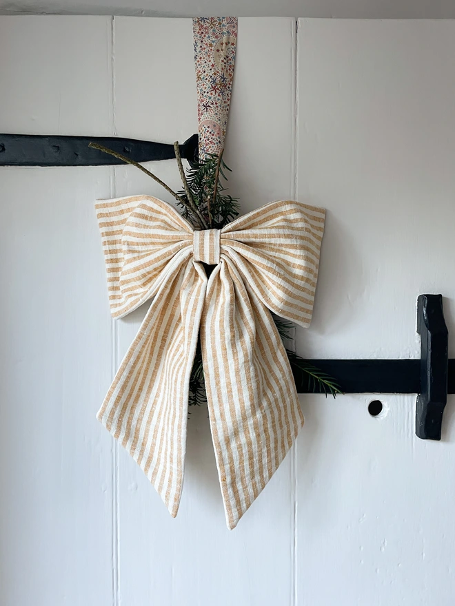 Gold Ivory Stripe Linen Oversized Bow Decoration