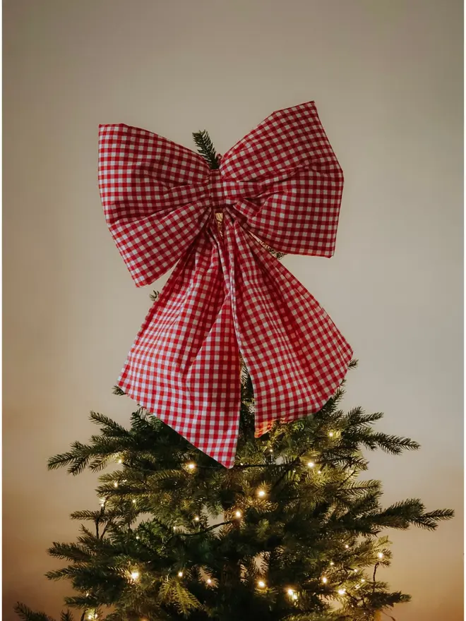 Red gingham fabric bow for Christmas tree topper,
Handmade
