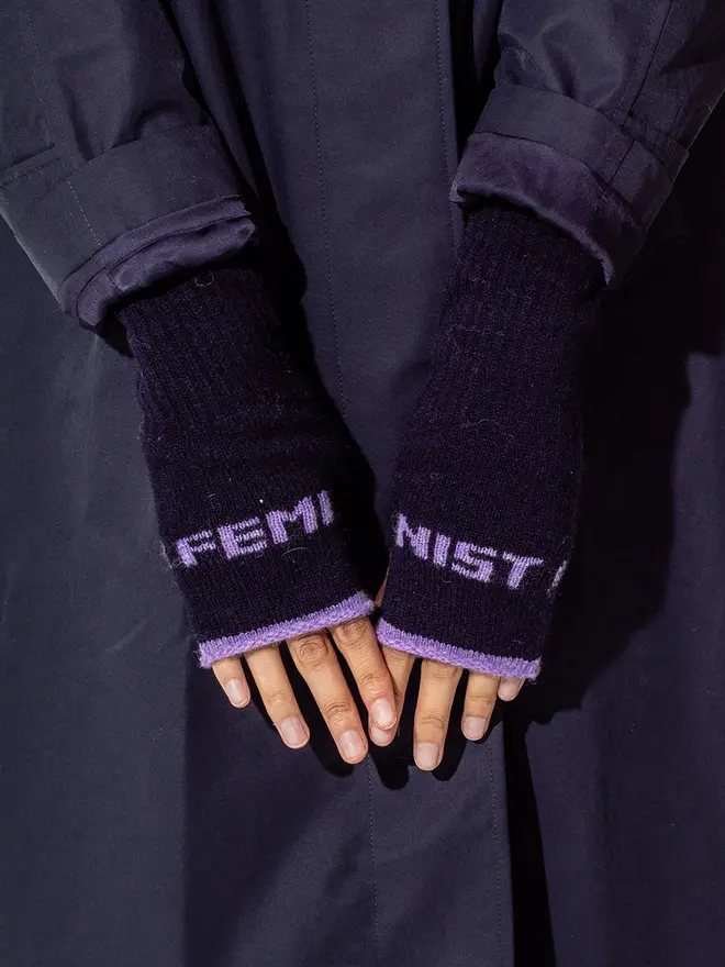 Feminist Mittens - Main - Navy Trim - Parma Violet Wording - Parma Violet