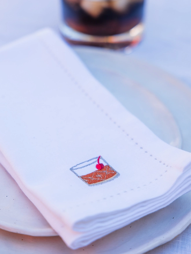 Embroidered old fashioned cocktail napkin