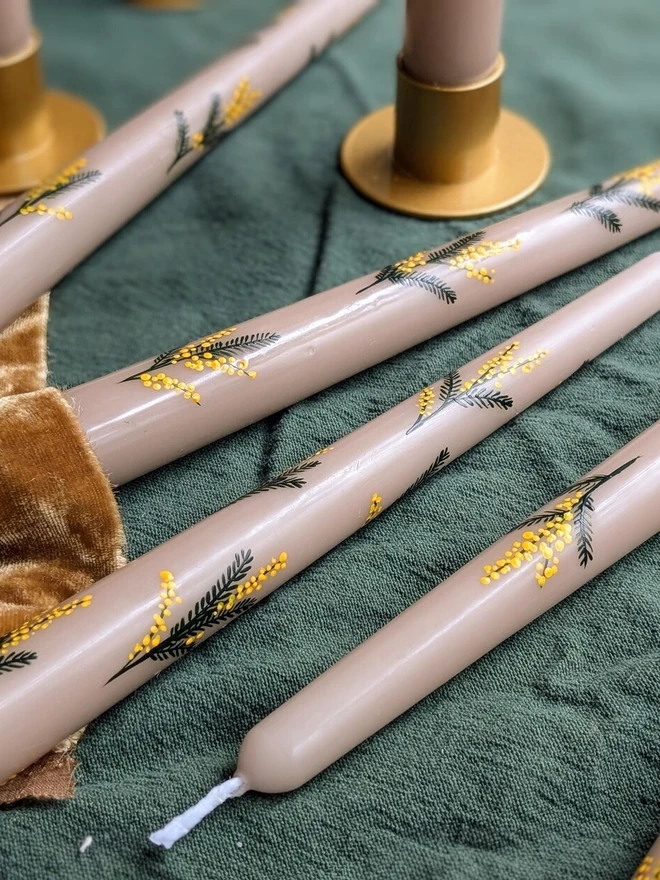Oat Taper Candles With Mimosa Blossom Design