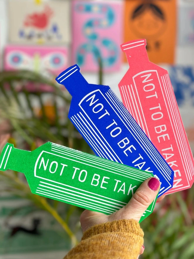 'Not To Be Taken' Handprinted Vintage Bottle Bookmark