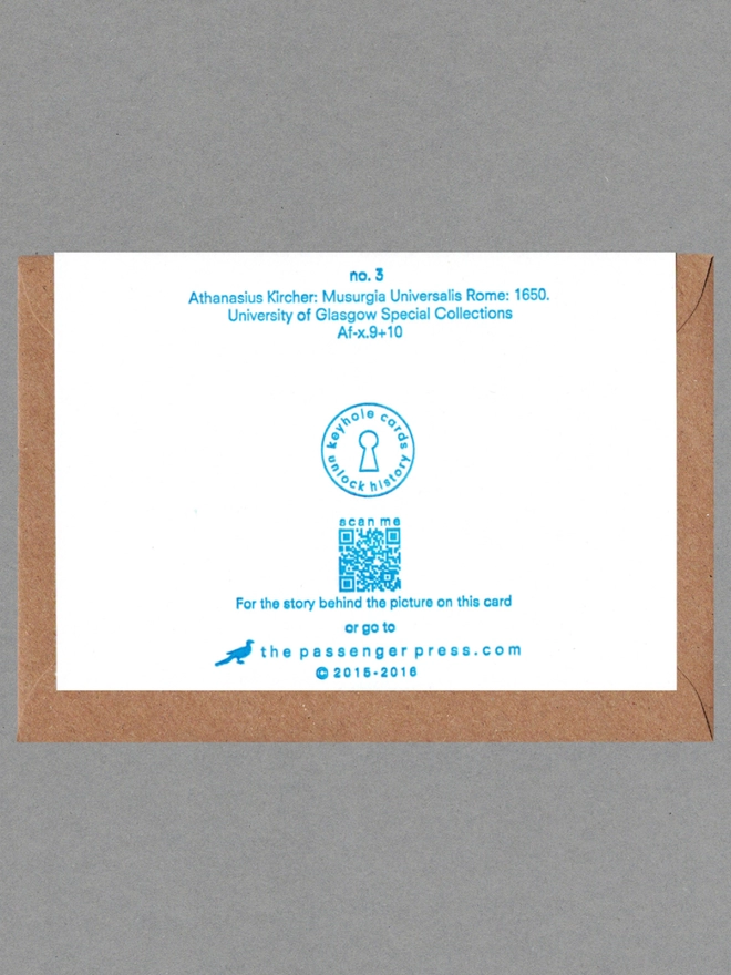 Back face of a white card on a brown envelope. Printed blue text, logo and QR code.