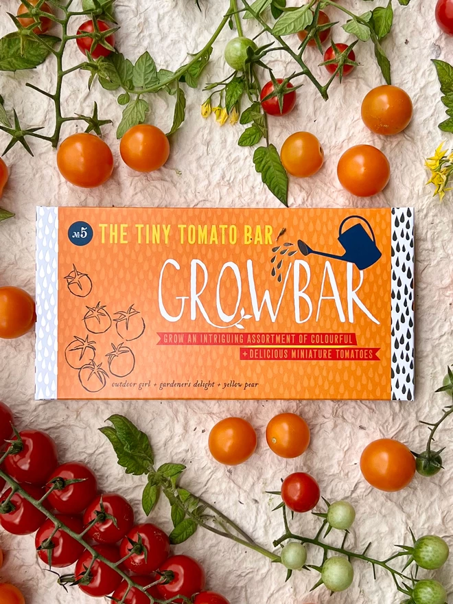 The Tiny Tomato Growbar surrounded by delicious ornage and red cherry tomatoes. 