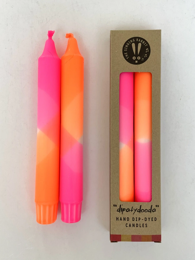 Neon Pink & Neon Orange Dip Dyed Dinner Candles (Set Of 2)