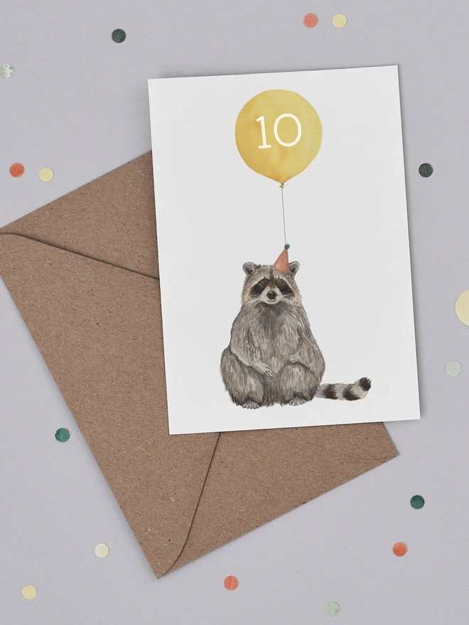 Balloon Raccoon Birthday Cards 10 Years