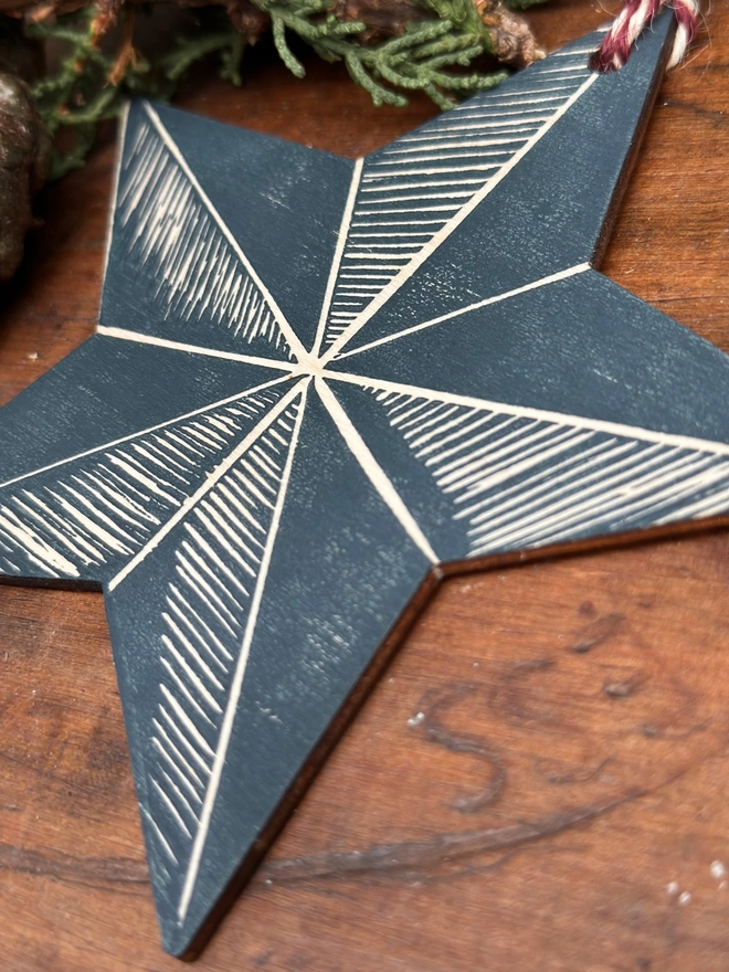 Nordic Christmas Star Wooden Decoration Hand Printed Linocut