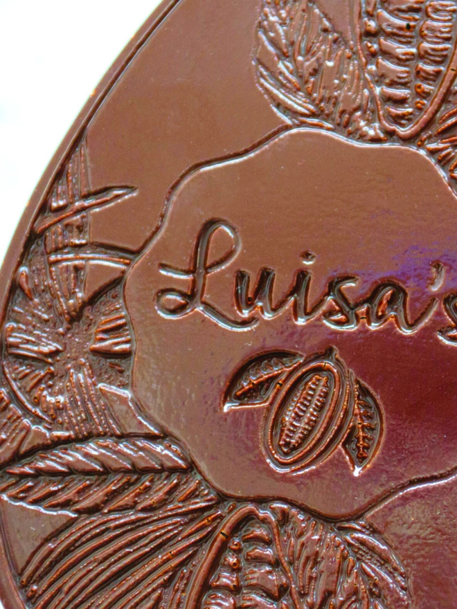 Dark 75% Solomon Islands Vegan Chocolate Easter Egg close up