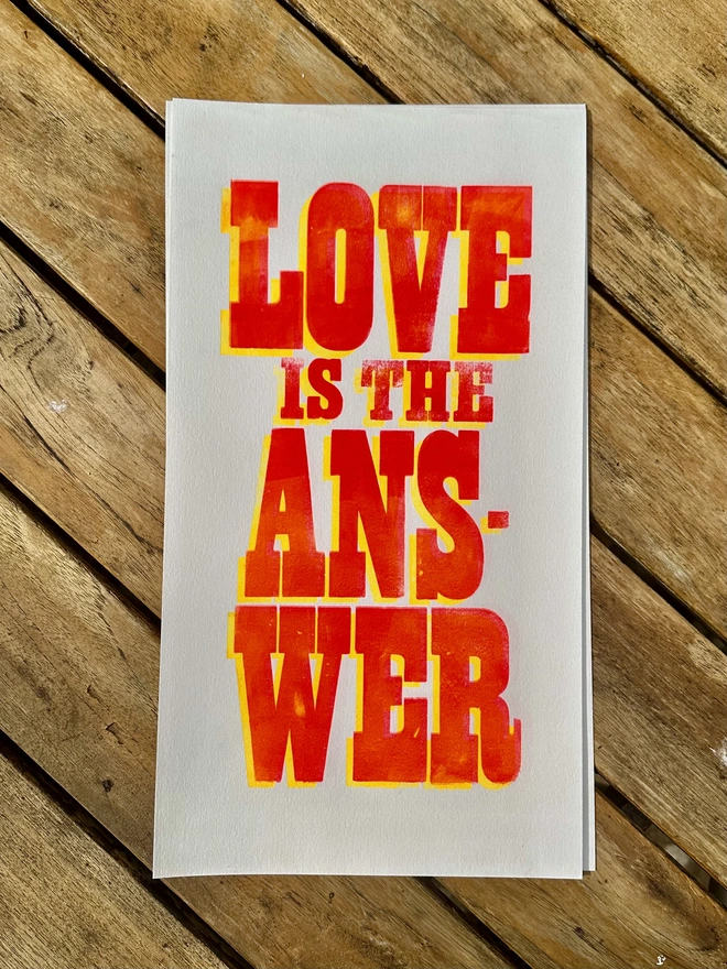 Love is the answer letterpress print on wooden boards