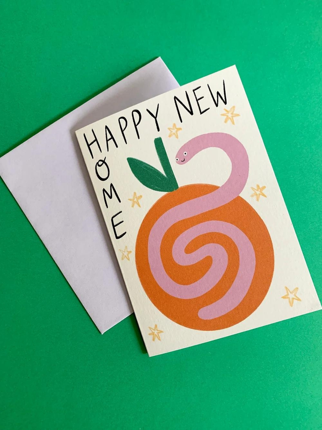 worm in an apple new home illustrated card