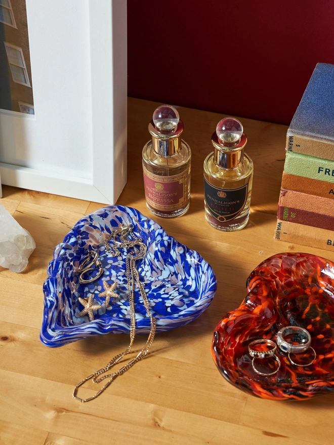 Murano glass heart shaped trinket dish in three colours