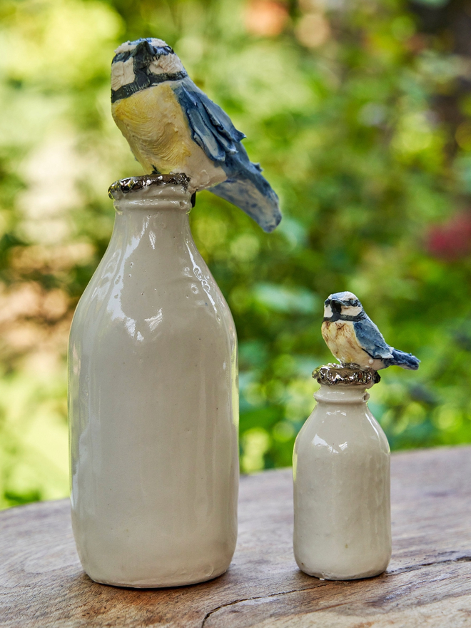 Milk Thief - Bluetit bird bottle sculpture