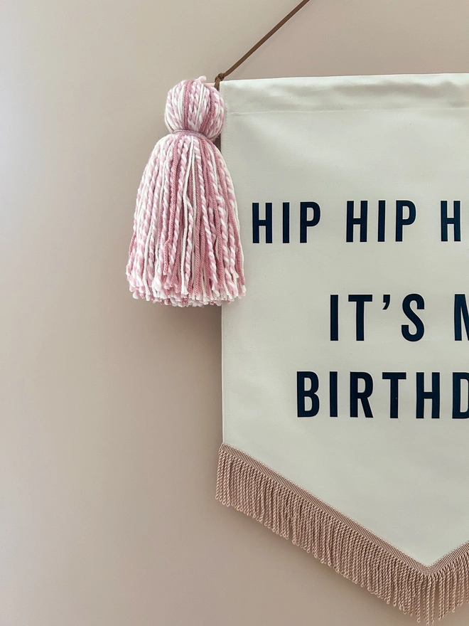 Hip Hip Hooray Fabric Birthday Banner with pink tassels and a rose gold trim