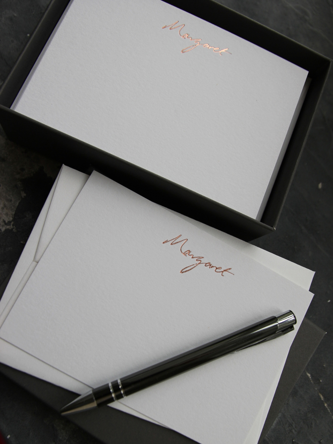 peronalised correspondance notecards hand foiled in rose gold foil