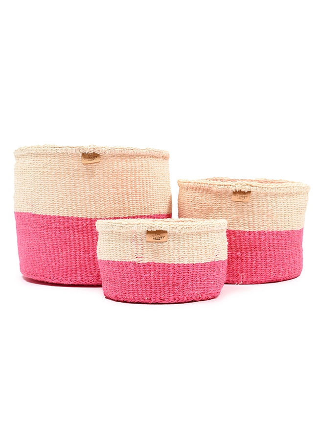 set of three pink colour block baskets