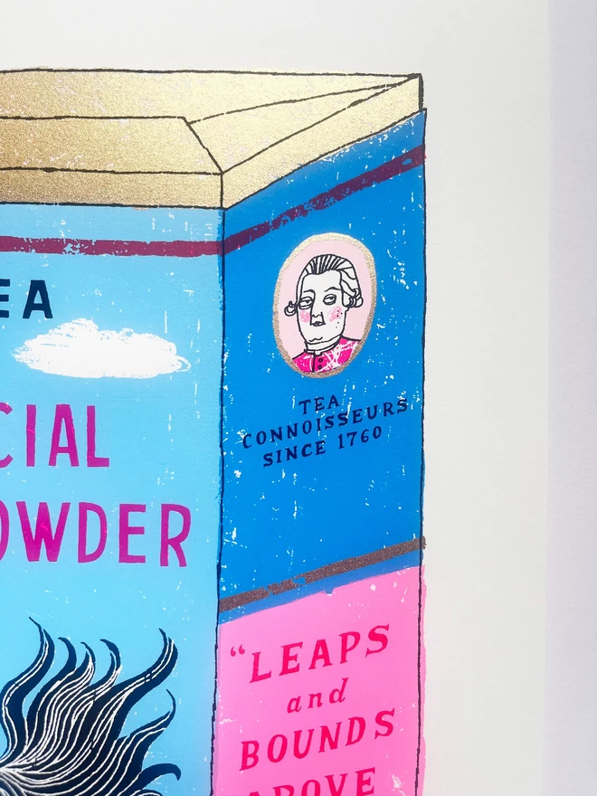 Flying Horse Screenprint 'One Giant Leap', a colourful green tea design in the centre of a white screenprint. 