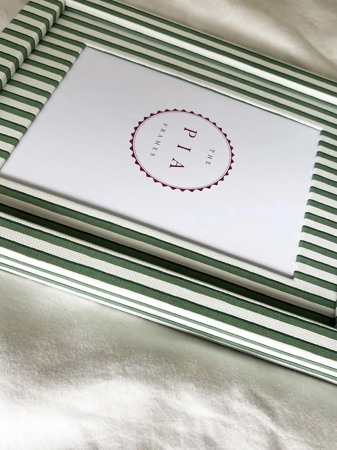 Green Vanguard Stripe Frame, a colourful striped frame sitting on a plain white surface. 
