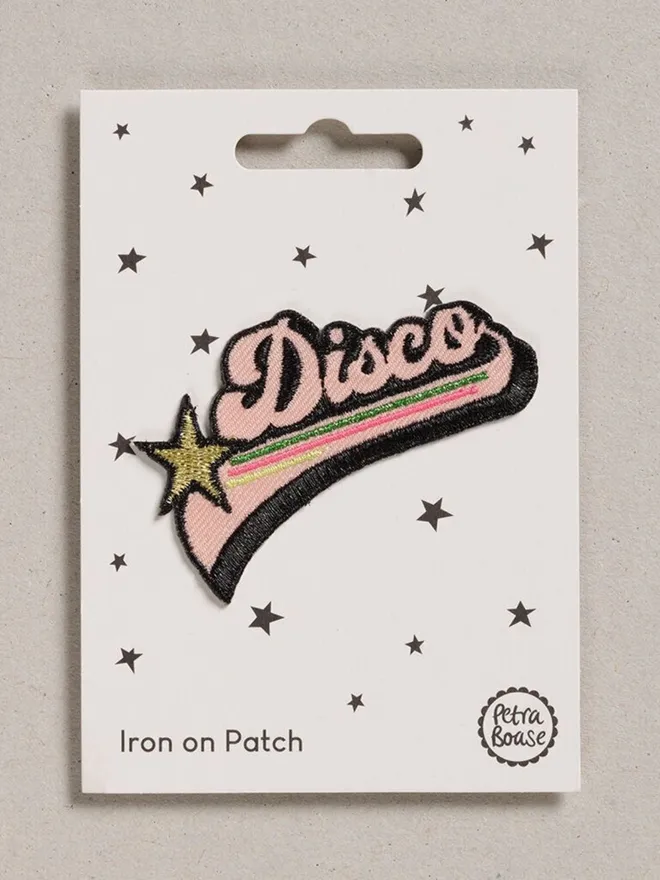 Disco embroidered iron on fabric patch ,pale pink with gold star.