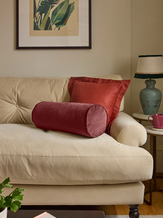 Kika Bespoke handmade velvet piped bolster cushion 50x20cm in Dusky Pink