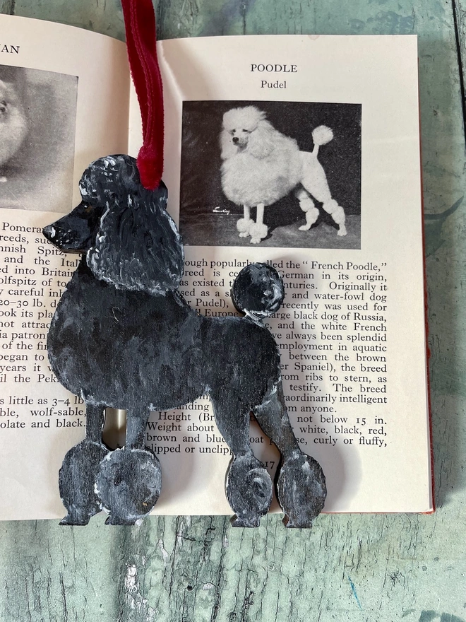 Poodle Dog Hand-painted Wooden Christmas Decoration with red velvet ribbon