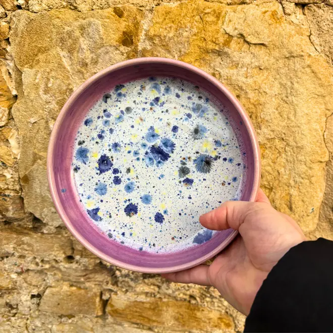 Shoreline Pasta Bowl, a colourful bowl held against a brick backdrop. 