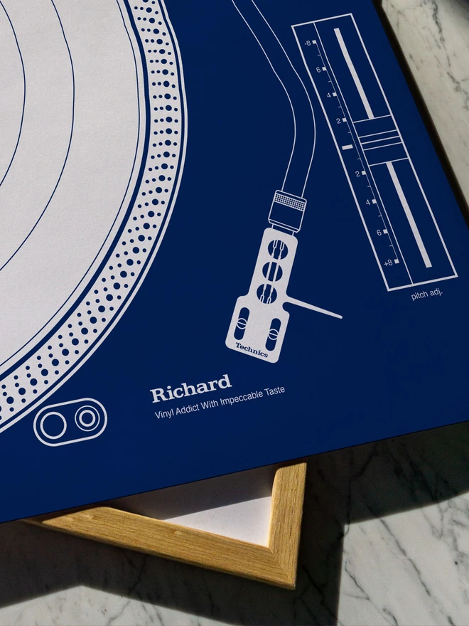 Detail of the Technics SL12 giclee print showing the personalised name