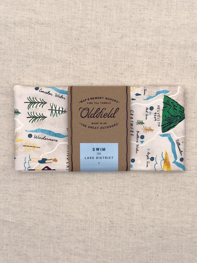 Swim the Lakes Map Tea Towel Folded Front