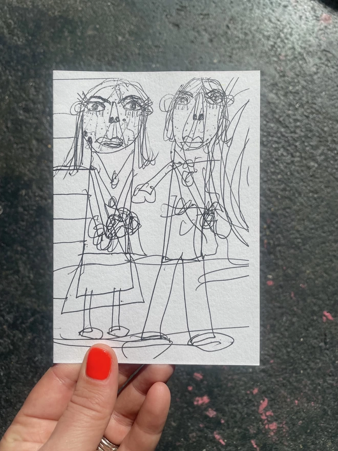 Piper autistic deaf teenager from hackneys black line drawing of her and imaginary boyfriend getting married.  Piper looks like she is holding flowers and her boyfriend reaching out for her hand
