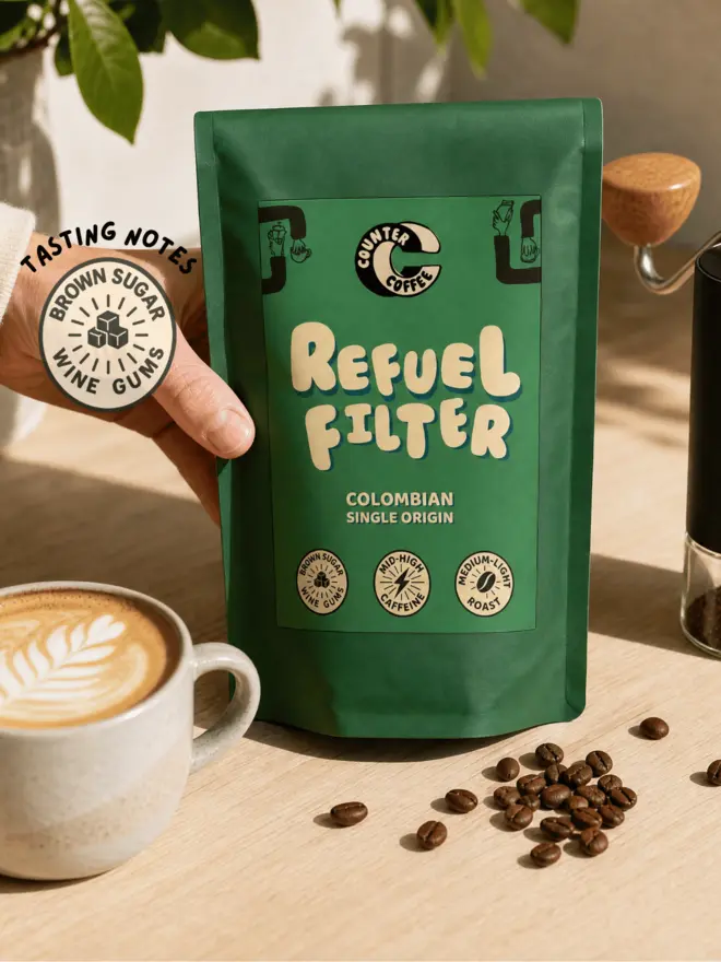 Refuel Filter. A bag of coffee beans from Counter Coffee.