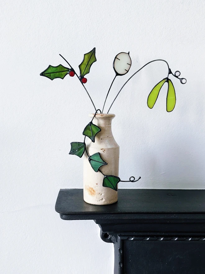 Stained glass holly, mistletoe, ivy and honesty