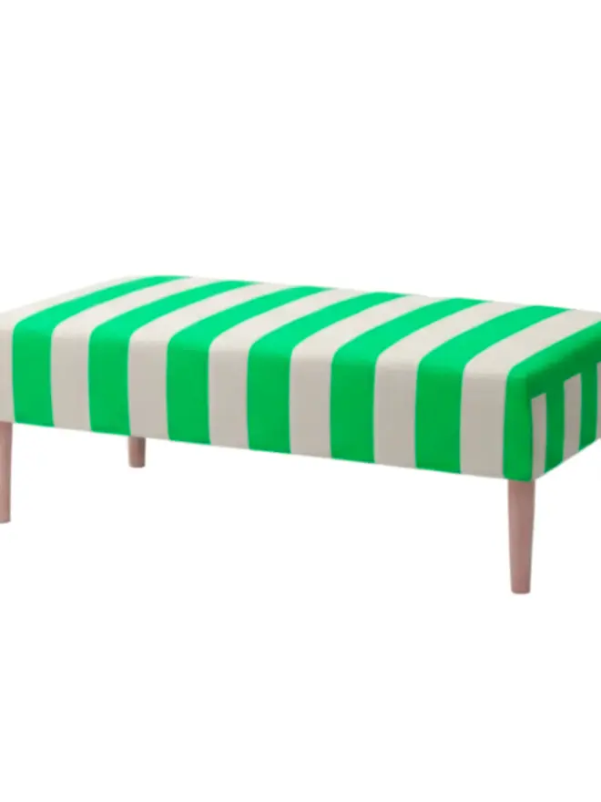 Hand Painted Upholstered Striped Linen Coffee Table Ottoman, neon green coffee table sitting against a white backdrop. 
