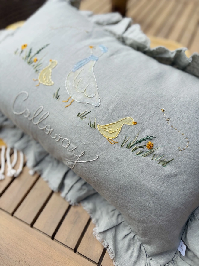Hand Painted and Hand Embroidered Goose with baby geese on green linen cushion. Yellow flowers and bees. 