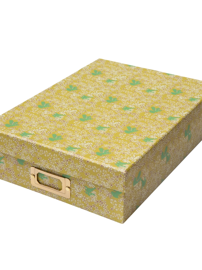 Corali Lemon Deeps Portfolio Box, a colourful portfolio sitting on a plan surface.