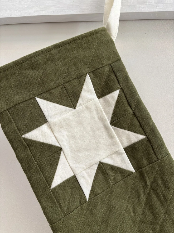 Ivory Linen Star Design On Green Linen Quilted Christmas Stocking