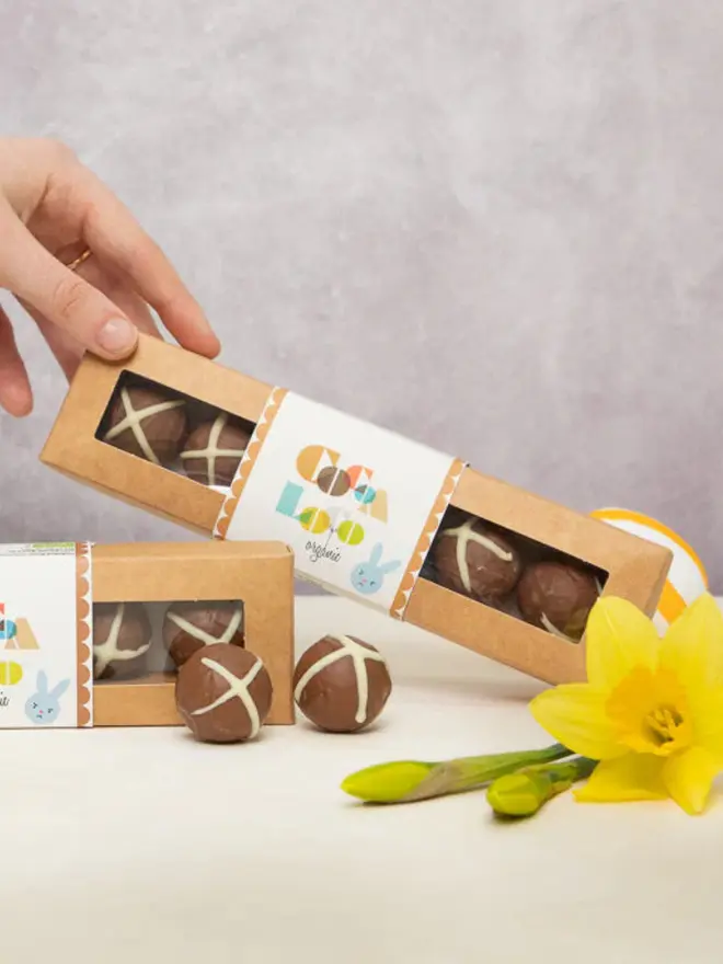 Chocolate easter truffles in a box next to some daffodills