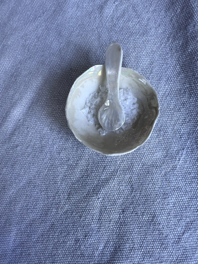 mother of pearl porcelain salt and pepper dish with matching spoon