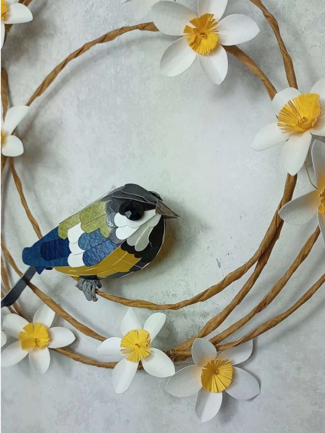 Great tit on a blossom wreath paper sculpture