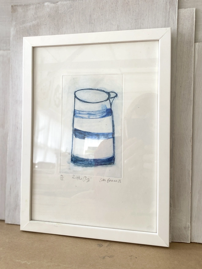 Drawing of a little blue jug, drypoint printmaking by Samantha Barnes