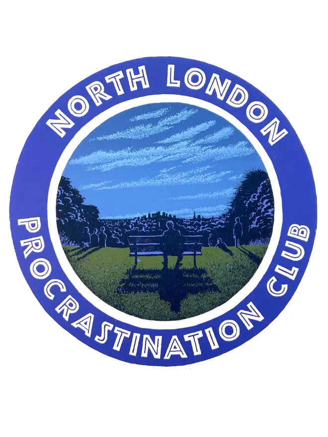Blue 'North London Procrastination Club' Screen Print on a white background. 