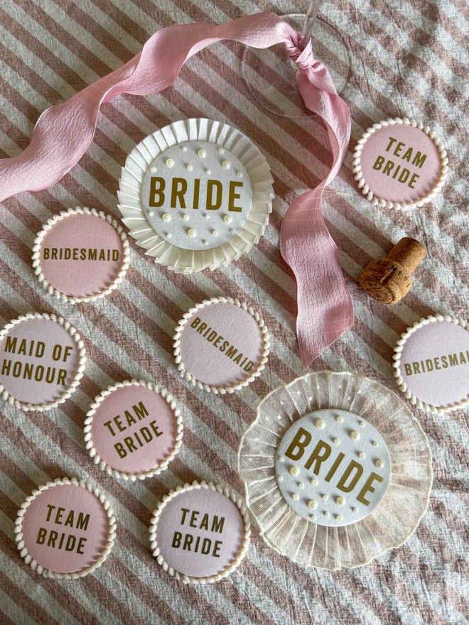 Cream/ Ivory Bride Badge with gold writing and a lace frill trim or pleated trim for hen party celebrations