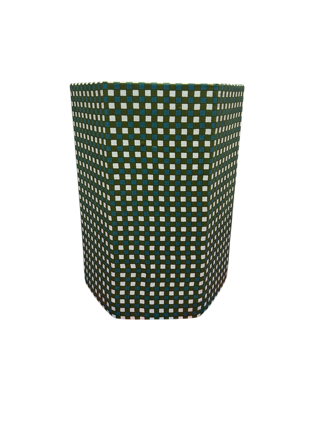 Beautiful Green and Blue Checkered Hand block Printed waste paper bins foldable & come flat packed, handcrafted from 100% recycled cardboard by The Charpoy on a white back ground