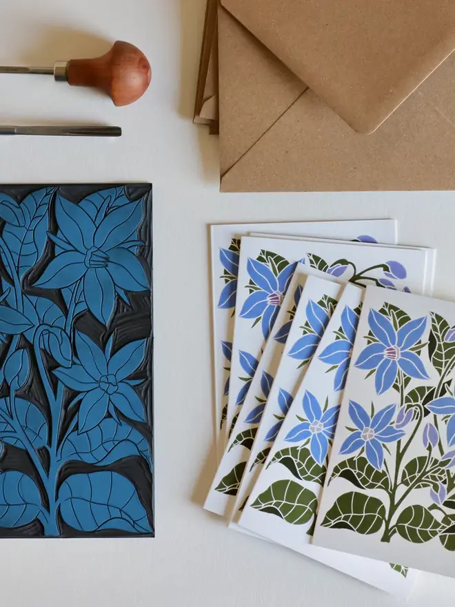 borage flower print notecards